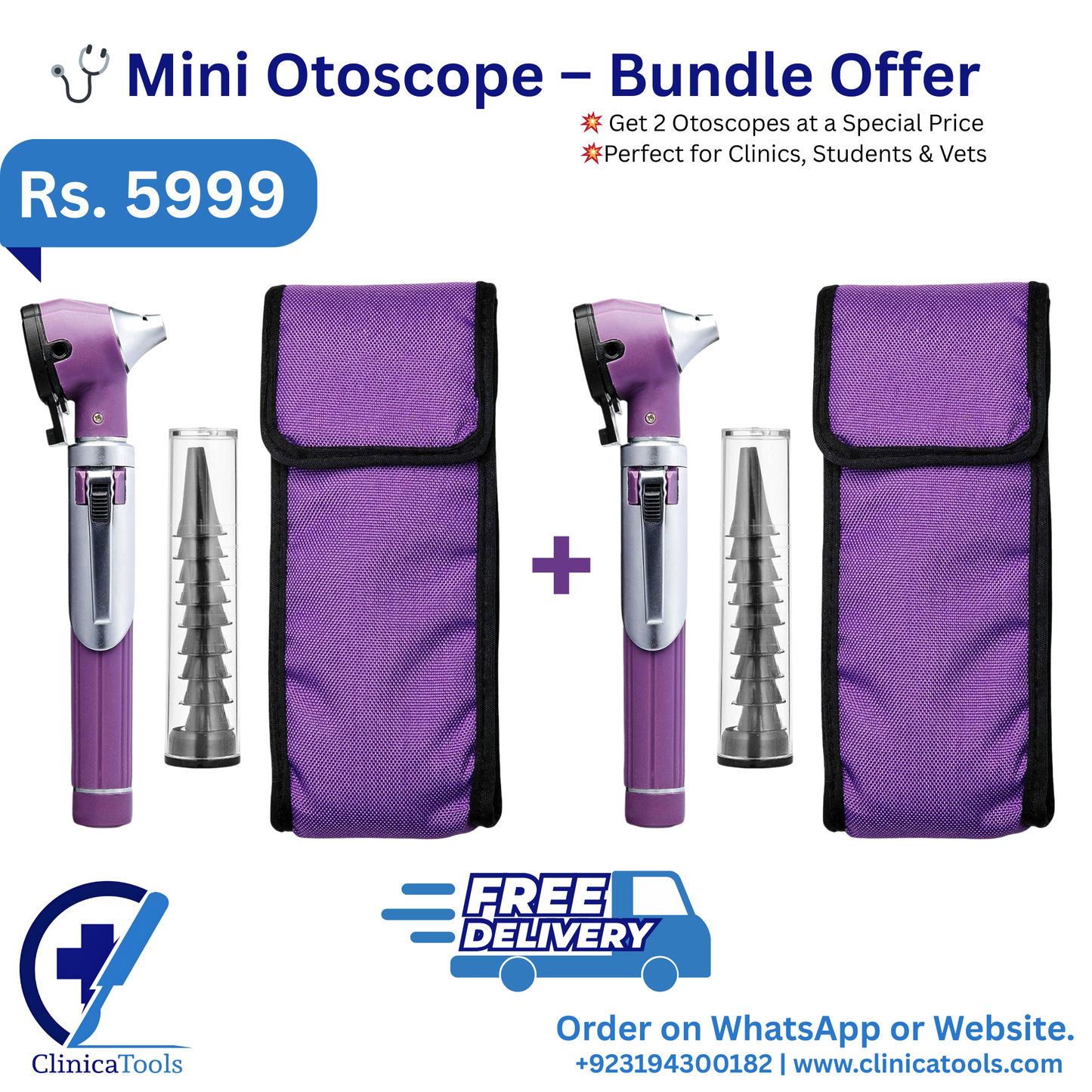 Mini Otoscope – Bundle of 2 | Fiber Optic Ear Examination Kit with 10 Cannulas & Carry Pouch | Diagnostic Earscope for Doctors, Medical Students, ENT Specialists & Veterinary Use