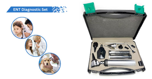ENT Diagnostic Set with Otoscope, Ophthalmoscope, Nasal Speculum, Laryngeal Mirrors, and Accessories – Complete Examination Kit for Medical and Veterinary Use
