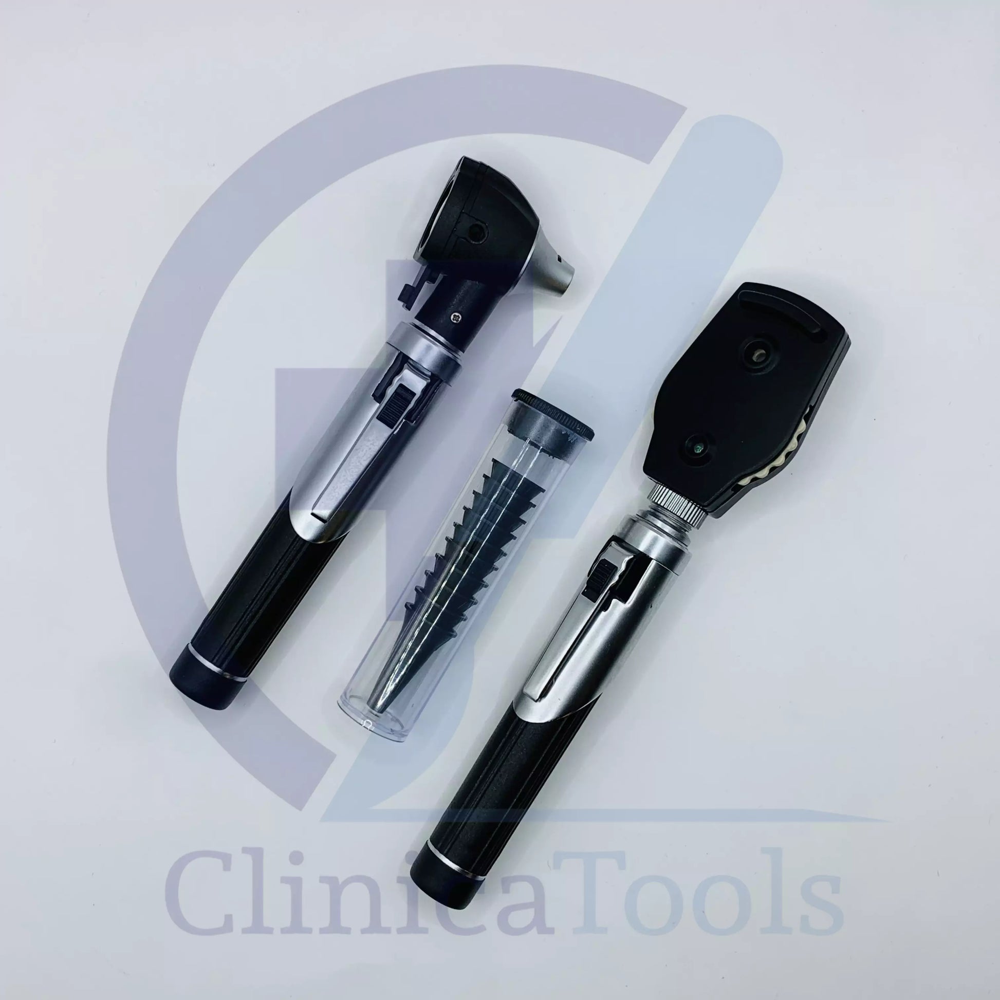 ENT diagnostic tools with 10 reusable cannulas and compact storage box”


