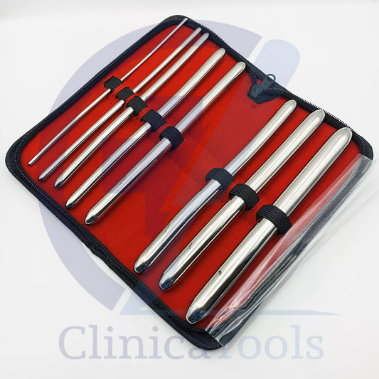 Hegar uterine dilator set – 8 double-ended sounds laid out by size (3mm–18mm)
