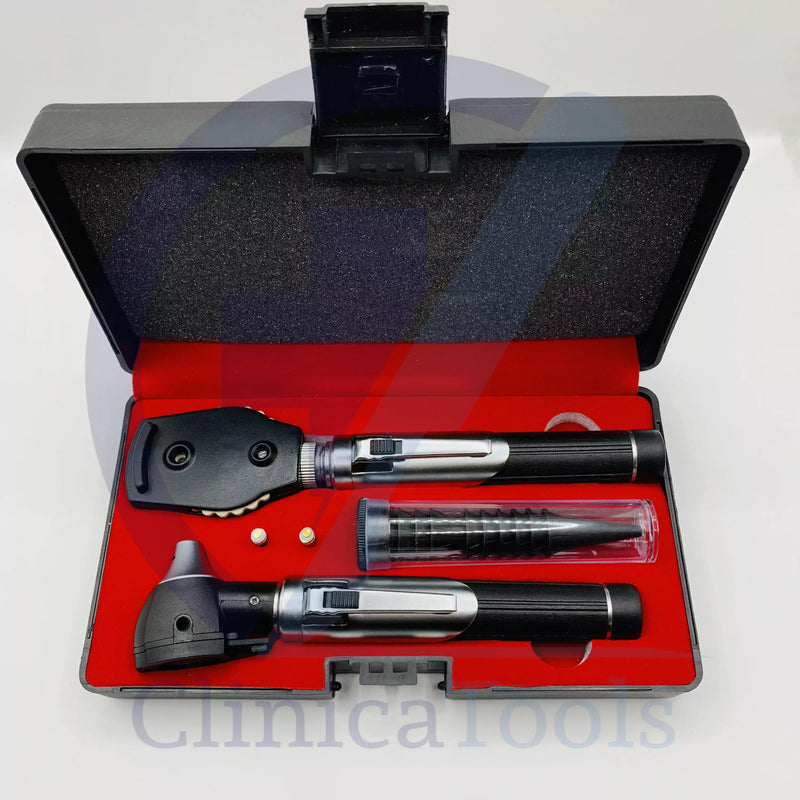Mini otoscope and ophthalmoscope set with fiber optic lighting in box