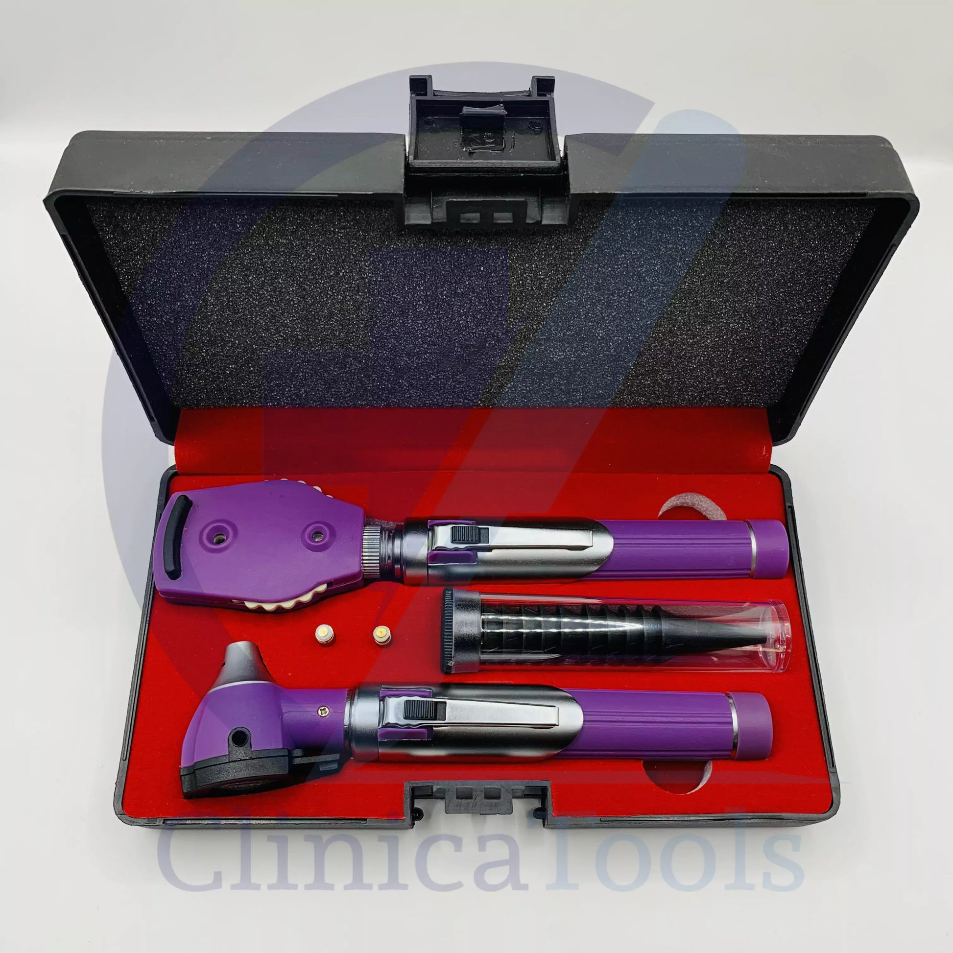 “Reusable ENT instruments set in hard plastic case for clinics and students”

