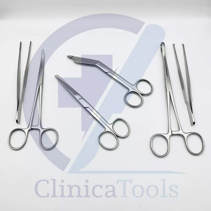 Surgical forceps, scissors, gallipot, and kidney tray – full dressing kit