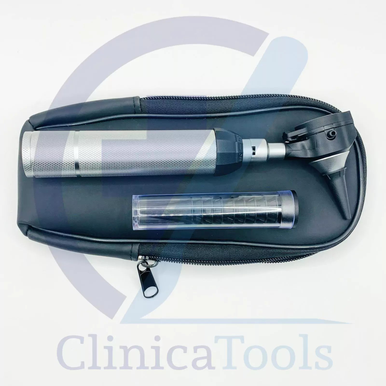 Close-up of Fiber Optic LED Otoscope with 10 Ear Cannulas – Medical and Veterinary Use