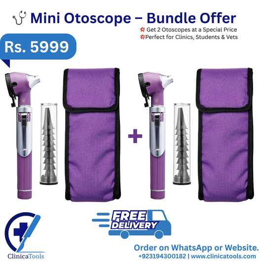 Mini Otoscope – Bundle of 2 | Fiber Optic Ear Examination Kit with 10 Cannulas & Carry Pouch | Diagnostic Earscope for Doctors, Medical Students, ENT Specialists & Veterinary Use