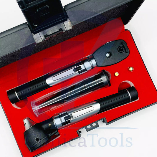 Fiber Optic Otoscope and Ophthalmoscope Set in Red Carrying Case – Medical ENT Kit