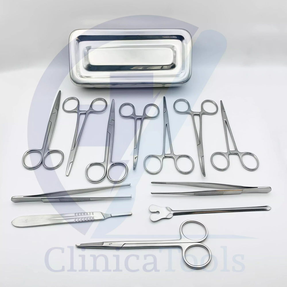 13-piece minor surgical instrument set with forceps, scissors & scalpel handle
